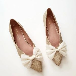 Anthropologie Gold Glitter Flat with Bow